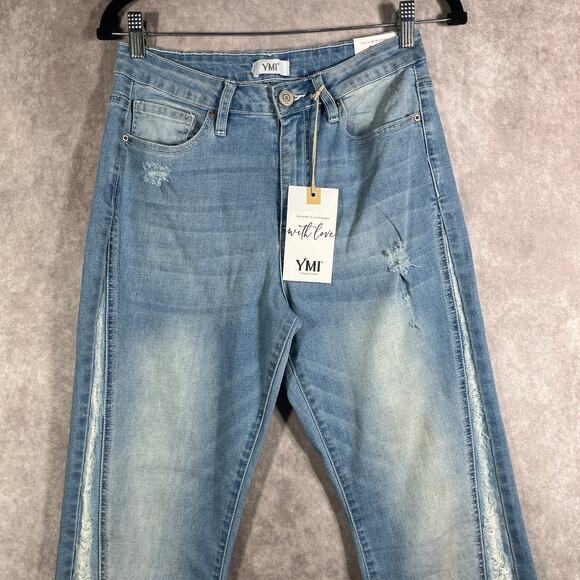 YMI Jeans Womens Size 11/30 Blue Denim High Rise Flare Side Destruction NEW - Picture 3 of 14